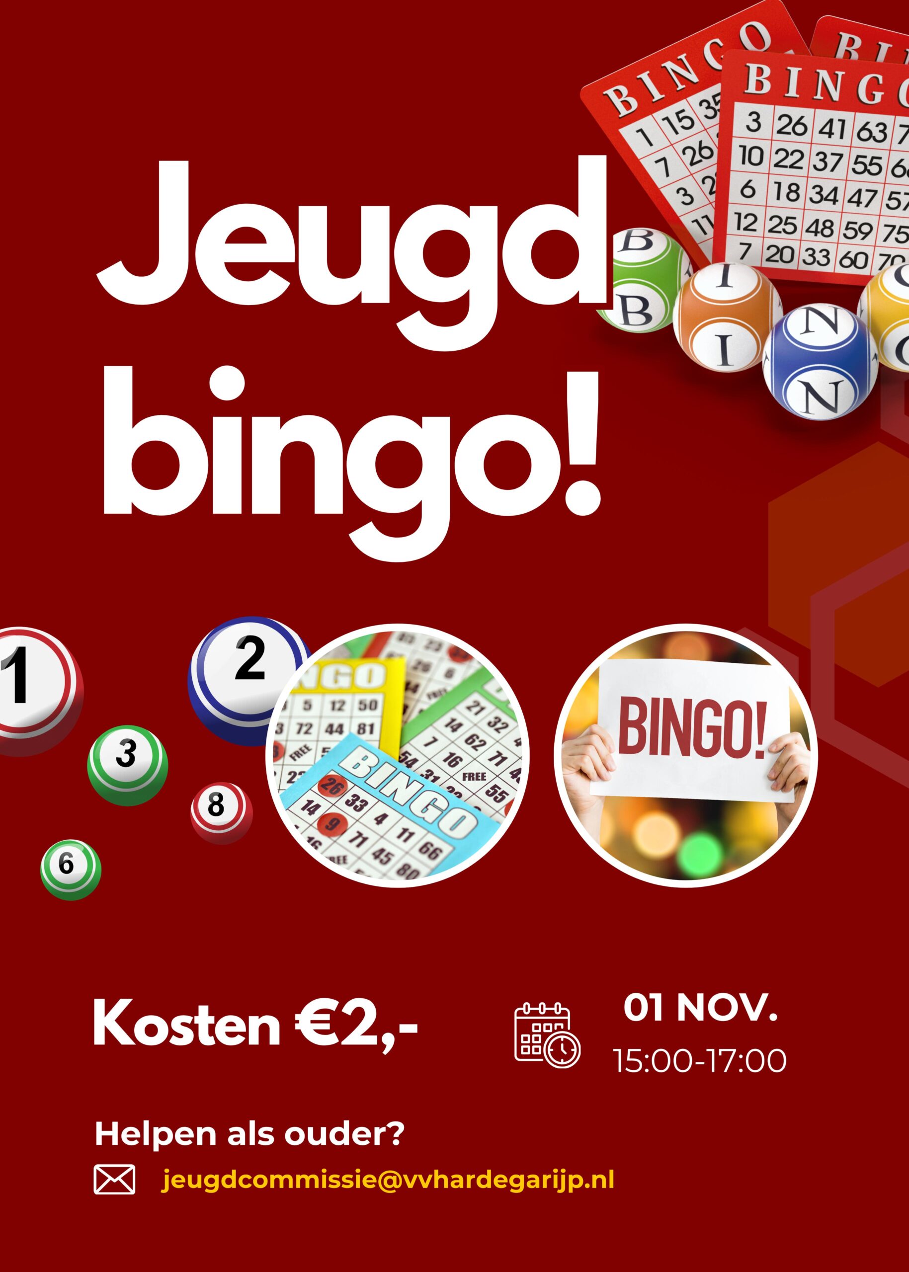 Uitnodiging voor de jeugd-bingo op 1 november 2024 tussen 15:00-17:00. De kosten bedragen €2,-. Wil je helpen als ouder? Mail naar jeugdcommissie@vvhardegarijp.nl