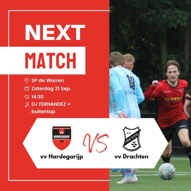 Aanstaande zaterdag begint de competitie voor alle teams! VV Hardegarijp 1, 2 en 5 spelen een thuiswedstrijd. Na afloop maken we er een gezellige nazomermiddag van, met DJ Fernandez. Kom gezellig langs! 🍻 🎶