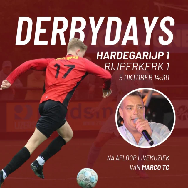 ‼️Derbyday‼️

Aankomende zaterdag staat de derby tussen VV Hardegarijp 1 en VV Rijperkerk 1 op het programma ⚽️.
We raden zowel het thuis- als uitpubliek aan om op de fiets 🚲 te komen, niet alleen vanwege de verwachte drukte, maar ook omdat na de wedstrijd Marco TC voor een geweldige muzikale afsluiting zal zorgen met zijn zangtalent 🎤🍻 

Tot zaterdag!🔴⚫️