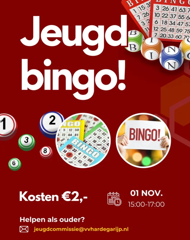 ⚫🔴 VVH jeugd-bingo 🔴⚫

Op vrijdag 1 november van 15.00 uur - 17.00 uur organiseert de jeugdcommissie van VV Hardegarijp een bingo voor de jeugd!

Van de JO7 t/m de JO13, en de MO 11 zijn alle spelers van harte welkom! En willen er vriendjes/ vriendinnetjes, broertjes/ zusjes mee, dan mag dat!

Kom jij proberen een mooie prijs binnen te halen?!

Kosten: 2€, inclusief wat drinken en wat lekkers.
Locatie: kantine van VV Hardegarijp

Opgeven is niet nodig. 

Zien we jullie dan?

Mochten er ouders zijn die een handje kunnen/willen helpen dan horen we dat graag via het volgende mailadres: jeugdcommissie@vvhardegarijp.nl