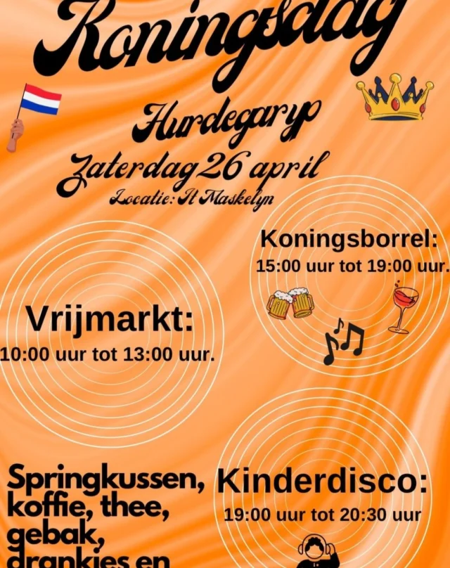 📣 Let op: de kantine van VV Hardegarijp is aanstaande zaterdag 26 april gesloten i.v.m. Koningsdag. Maar… in het dorp is er genoeg te doen! 🇳🇱

🎉 Vrijmarkt, kinderspringkussen, koningsborrel, kinderdisco en meer!
📍 Locatie: It Maskelyn, Hurdegaryp

Kom gezellig langs en vier deze dag samen met het dorp! 🧡
#Koningsdag #Hurdegaryp #VVHardegarijp #Feest