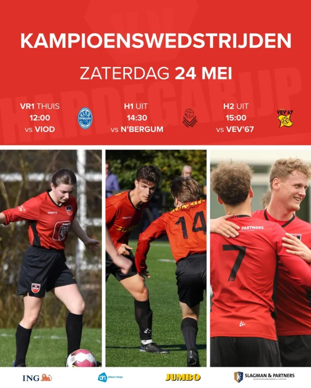 Wat een mooie en spannende dag in het vooruitzicht voor VV Hardegarijp! 

Morgen kan een historische dag worden met kans op kampioenschappen voor zowel het 1e, 2e als het vrouwenteam – en dan ook nog jeugdteams in de race!

We wensen alle teams enorm veel succes! En voor iedereen die er niet bij kan zijn: houd de socials goed in de gaten voor updates en hopelijk veel feestelijke berichten! 🏆🎊