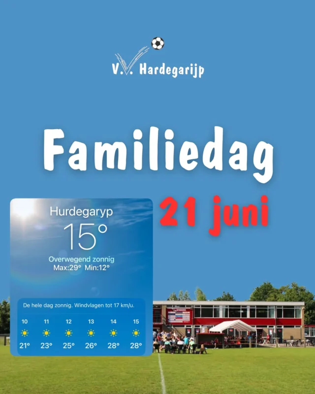 Vandaag belooft het stralend én warm te worden! Houd daar dus goed rekening mee. Alle geplande activiteiten gaan door, maar worden waar nodig aangepast aan de hitte.

Denk zelf aan het volgende:

🚰 Blijf goed water drinken
🧴 Smeer je regelmatig in met zonnebrand
🌳 Zoek op tijd de schaduw op

Tot straks! Samen maken we er een gezellige en zonnige dag van! ☀️⚽️