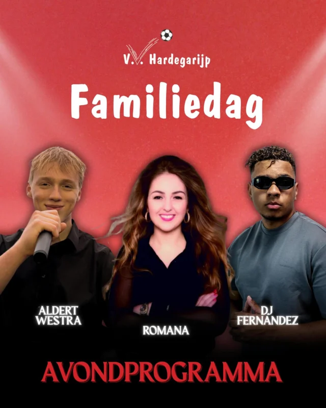 Naast het seniorenmixtoernooi en de leuke activiteiten voor de jeugd is er dit jaar ook weer een knallend avondprogramma tijdens de familiedag!

Niet één, niet twee, maar maar liefst drie artiesten zorgen voor een avond vol muziek en gezelligheid🎵 🎉