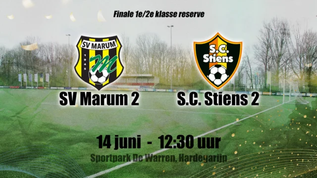 Zaterdag 14 juni om 12:30 uur spelen @svmarum  2 en @s.c_stiens 2 de finale van de 1e/2e klasse reserve op ons eigen sportpark! Kom langs, support beide teams en geniet van een heerlijke voetbalmiddag! ⚽🔥

📍 Sportpark De Warren
🕧 Aanvang 12:30 uur
➡️ Meer info op www.vvhardegar#stiens 

De kantine is geopend van 11.00 uur tot 18.00 uur.

#VVHardegarijp #Finale #Voetbal #DeWarren