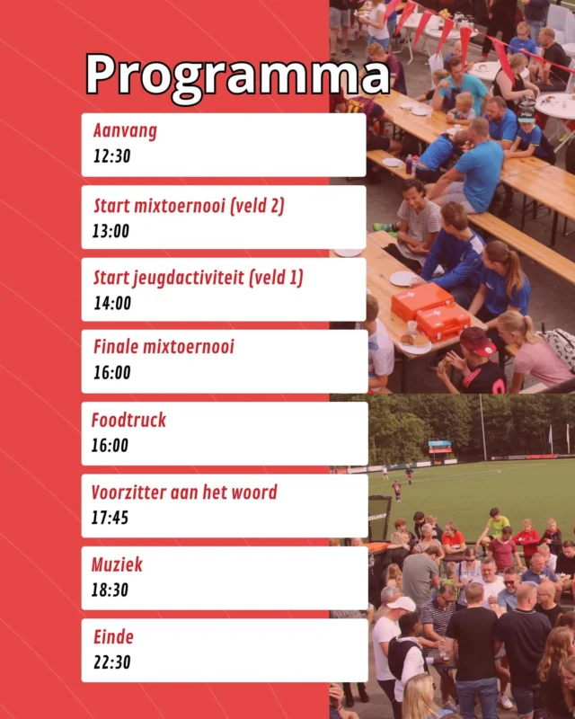 ⛔️ LET OP: wijziging aanvang jeugdactiviteiten ⛔️

Vanwege het verwachte warme weer, waar we uiteraard blij mee zijn, is het jeugdprogramma aangepast. De jeugdactiviteiten tot en met O17 start nu om 14:00!