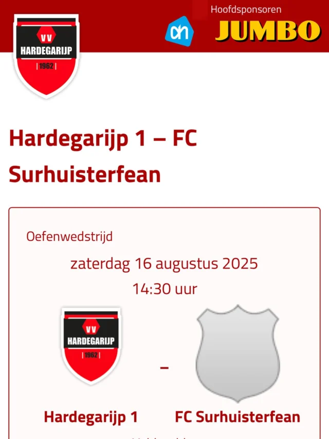 Morgen is de eerste oefenwedstrijd van de voorbereiding voor VV Hardegarijp 1. Om 14:30 wordt er thuis afgetrapt tegen FC Surhuisterveen.

De kantine is open van 11:00 tot 18:00 ☕️🍺.
De keuken is gesloten❌.
