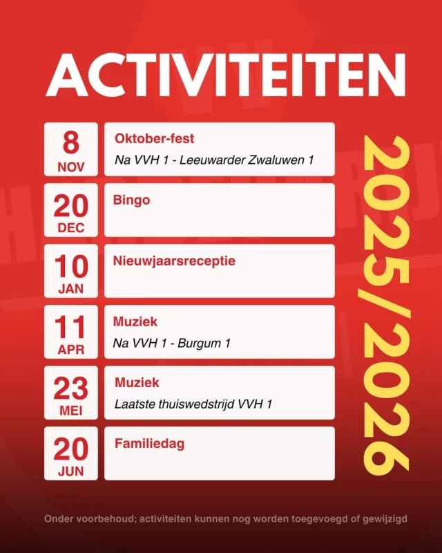 De activiteitencommissie heeft de (voorlopige) kalender met activiteiten gepubliceerd, zet de datums alvast in je agenda 📅. Uiteraard worden de activiteiten vervolgens nog regelmatig gedeeld op de socials!🎉