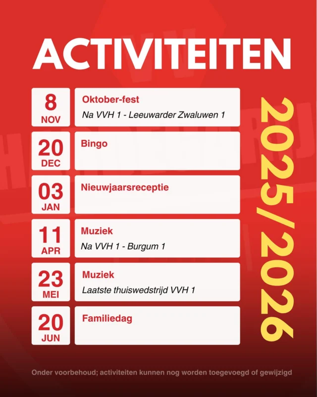 De activiteitencommissie heeft de (voorlopige) kalender met activiteiten gepubliceerd, zet de datums alvast in je agenda 📅. Uiteraard worden de activiteiten vervolgens nog regelmatig gedeeld op de socials!🎉