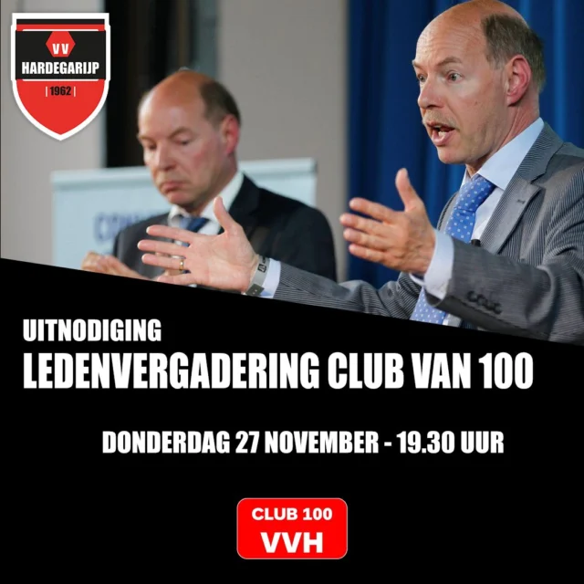 Op donderdag 27 november om 19.30 uur is het weer zover: de ledenvergadering van de Club van 100! Ditmaal met 2 befaamde sprekers: rond 20.30 uur staan de gebroeders Anker klaar met een super leuke en boeiende lezing vol strafrechtverhalen en anekdotes. ⚖️

De Club van 100 helpt VV Hardegarijp al bijna 40 jaar met van alles: nieuwe materialen, gezellige activiteiten én duurzame stappen zoals de nieuwe waterpompinstallatie op het sportpark. ❤️🖤

Wil je ook aansluiten? Meld je aan via het formulier op de site, in de kantine of mail naar club100vvh@gmail.com.
Lidmaatschap: €45 per jaar.