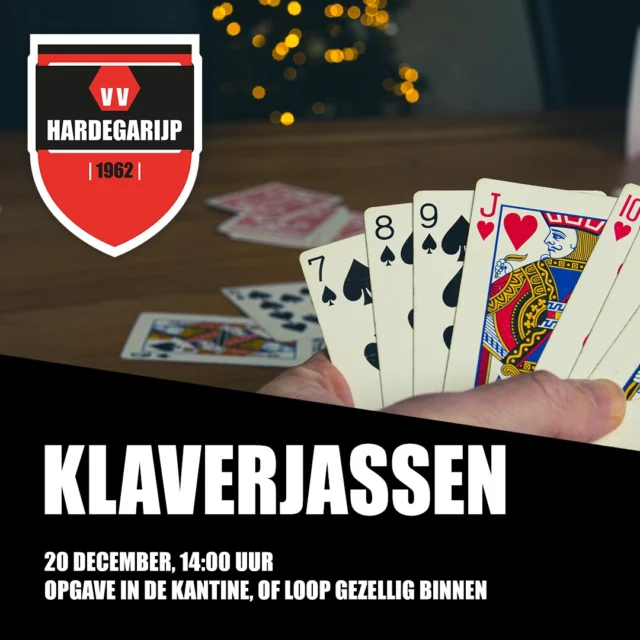 Op zaterdag 20 december is het weer tijd voor ons traditionele klaverjassen bij VV Hardegarijp!
Gezelligheid, kaarten én wat competitie: het zit er allemaal in.

Opgave kan vooraf in de kantine, maar spontaan binnenlopen op de dag zelf mag natuurlijk ook.
🕑 Start: 14.00 uur

We hopen jullie daar te zien! ♥️♠️♦️♣️