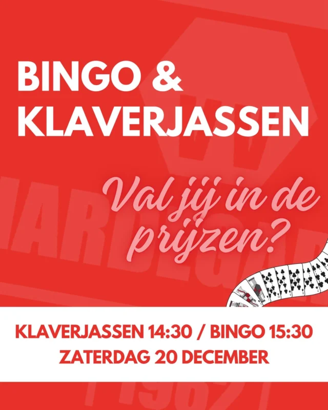 Bingo en klaverjassen bij VV Hardegarijp!

Op zaterdag 20 december organiseren wij een gezellige bingo. Er zijn verschillende fantastische prijzen te winnen 🏆.

Daarnaast wordt er ook geklaverjast voor mooie prijzen! 🃏
