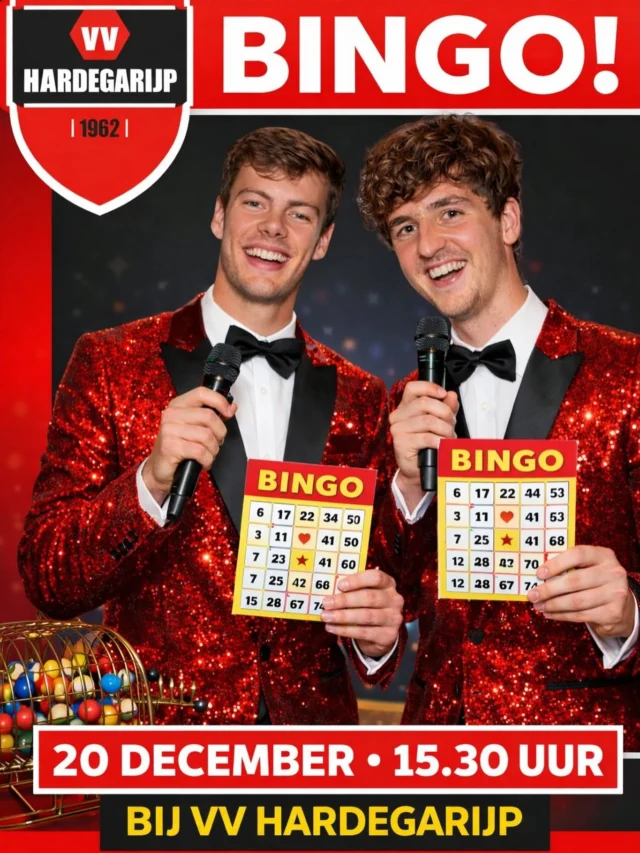 De bingo wordt dit jaar gepresenteerd door Thijs en Leon. Zij zullen zorgen voor een gezellige middag 🤩 en hopelijk houden ze zelf hun hoofd erbij, zodat ze de bingo’s goed kunnen controleren 🤓.
