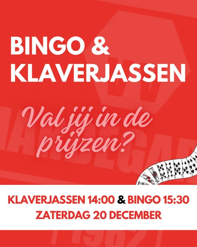 Bingo en klaverjassen bij VV Hardegarijp!

Op zaterdag 20 december organiseren wij een gezellige bingo. Er zijn verschillende fantastische prijzen te winnen 🏆.

Daarnaast wordt er ook geklaverjast voor mooie prijzen! 🃏