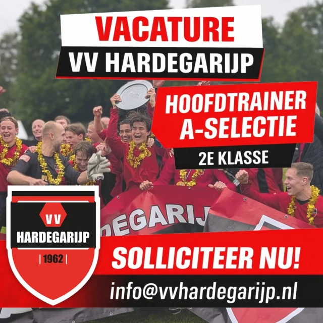 VV Hardegarijp zoekt een nieuwe hoofdtrainer ❤️🖤

Voor het seizoen 2026–2027 zijn wij op zoek naar een enthousiaste en gedreven hoofdtrainer die samen met ons wil bouwen aan een stabiele tweedeklasser.
Je werkt met een leergierige selectie, krijgt ruimte voor je eigen visie en komt terecht bij een club waar prestaties en plezier hand in hand gaan.

👉 Interesse of ken je iemand die past bij deze uitdaging?
Bekijk de volledige vacature op onze website en reageer via info@vvhardegarijp.nl