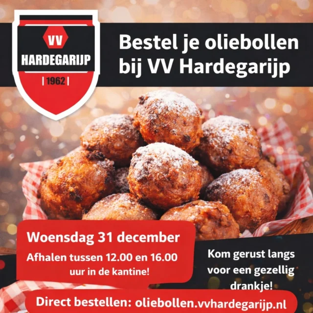 ✨ Oliebollen van VV Hardegarijp!
Bestel ze eenvoudig via onze website  en haal ze op woensdag 31 december tussen 12.00 en 16.00 uur in de kantine.
Blijf gerust even hangen voor een gezellige afsluiting met een drankje! 🍻
#vvhardegarijp #oliebollen #OudEnNieuw
