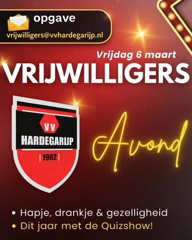 ⏰ Reminder: Zonder vrijwilligers is er geen VV Hardegarijp ❤️🖤

Vrijdag 6 maart maken we er samen een gezellige avond van met hapje, drankje én een spectaculaire Quizshow!

📍 Kantine VV Hardegarijp
🕢 Inloop 19.15 uur
📩 Aanmelden vóór 1 maart via vrijwilligers@vvhardegarijp.nl

Ben jij erbij? #wdhmza #vrijwilligers