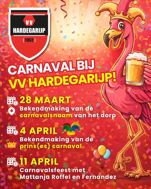 🎭 Op 11 april is het carnavalsfeest bij VV Hardegarijp!

Maar een carnavalsfeest is natuurlijk niet compleet zonder Prins(es) Carnaval 👑
👉 Stem op jouw favoriet via de link in onze bio 🗳️

Zoek alvast een mooi carnavalspak uit! 

Binnenkort maken we ook de carnavalsnaam van Hardegarijp en de Prins(es) Carnaval bekend.