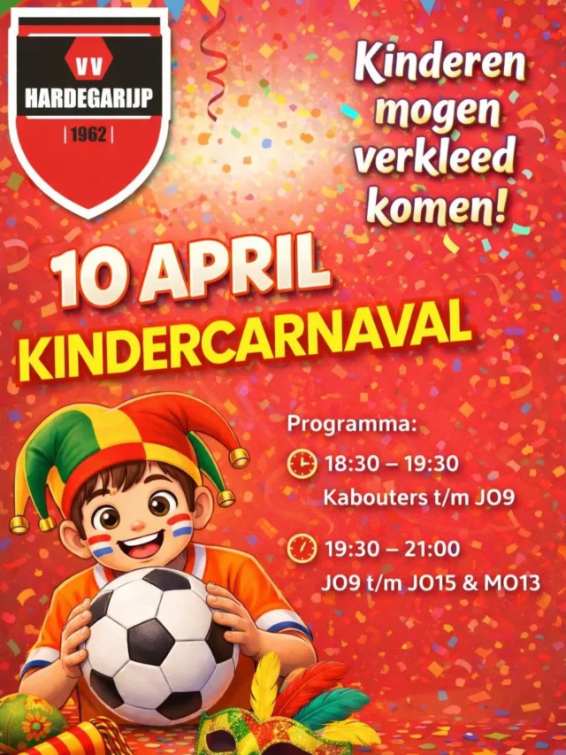 🎭✨ KINDERCARNAVAL BIJ VV HARDEGARIJP ✨🎭

Op 10 april is het feest op de club! 🥳
Trek je leukste, gekste of mooiste outfit aan, want verkleed komen mag natuurlijk! 🎉

🕡 18:30 – 19:30
Kabouters t/m JO9

🕢 19:30 – 21:00
JO9 t/m JO15 & MO13

Broertjes/zusjes zijn ook welkom! 🤗