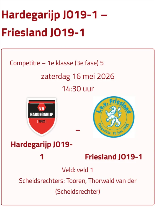 Morgen kan onze JO19-1 kampioen worden 🏆⚽️

Op eigen veld nemen de jongens het op tegen Friesland 19-1. Kom langs en moedig de jongens aan richting het kampioenschap!

📍Hoofveld
🕘 Aftrap - 14:30

Tot morgen ❤️🖤