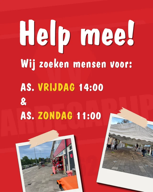Zaterdag staat er een fantastische familiedag op de planning! ☀️⚽️ 

De voorbereidingen zijn inmiddels in volle gang. Om er een onvergetelijke dag van te maken, moeten er vrijdagmiddag nog verschillende zaken worden opgebouwd en klaargezet. Ook zondagochtend kunnen wij wat hulp gebruiken om alles op te ruimen.

De activiteitencommissie zet zich met veel enthousiasme in om geweldige evenementen voor VVH te organiseren ❤️🖤 maar extra hulp is daarbij onmisbaar, zodat wij in toekomst mooie activiteiten kunnen blijven organiseren.

Heb je een uurtje over? Kom dan op bovenstaande tijdstippen even helpen! 💪🏻