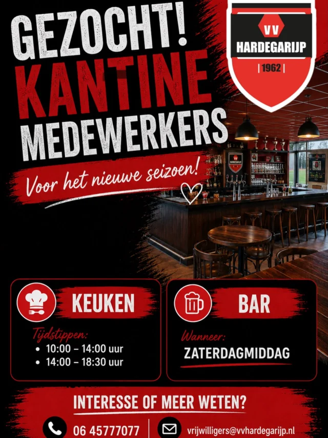Wij zijn nog op zoek naar enthousiaste vrijwilligers die af en toe mee willen helpen in de kantine! Heb je interesse? Stuur dan een mailtje naar vrijwilligers@vvhardegarijp.nl of een appje naar Krista Broers: 0645777077 ❤️🖤