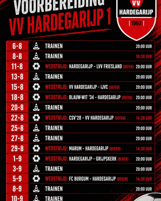 Vv Hardegarijp 1 is vandaag begonnen met de voorbereiding voor het nieuwe seizoen. Hierbij het programma met de trainingen en speeldata #vvh 🔴⚫️ #wdhmza