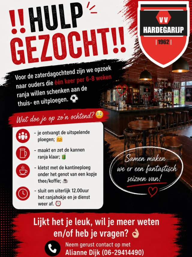 ‼️HULP GEZOCHT‼️
Voor de zaterdagochtend zijn we opzoek naar ouders die één keer per 6-8 weken ranja willen schenken aan de thuis- en uitploegen. ⚽️

Wat doe je op zo’n ochtend?🧐
- je ontvangt de uitspelende ploegen; 🤗
- ⁠maakt en zet de kannen ranja klaar; 🧃
- ⁠kletst met de kantineploeg onder het genot van een kopje thee/koffie; ☕️
- ⁠sluit om uiterlijk 12.00uur het ranjahokje en je dienst weer af. 🕰️

Lijkt het je leuk, wil je meer weten en/of heb je vragen? 👌🏻
Neem gerust contact op met Alianne Dijk (06-29414490)
 #wdhmza #vvh