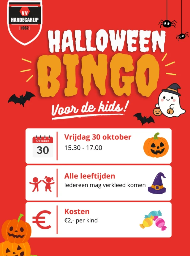 🎃👻 Halloween Bingo bij VV Hardegarijp! ❤️🖤

Trek je engste outfit uit de kast, want vrijdag 30 oktober organiseren we een Halloween Bingo voor de kids! 🎃

📅 Vrijdag 30 oktober
🕞 15.30 – 17.00 uur
👻 Alle leeftijden
🧛‍♀️ Verkleed komen mag!
💰 €2,- per kind